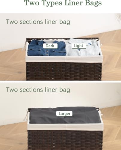 SETVSON Storage Basket with Lid Wicker Baskets for Storage with 2 Separate Lid 42.3 Gallon (160 L) 29.9 x 17.3 x 18.1 Inches Rattan Woven Large Wicker Basket with 2 Liners for Bedroom Laundry Brown - color: Brown, size: 160L-29.9L*17.3W*18.1H