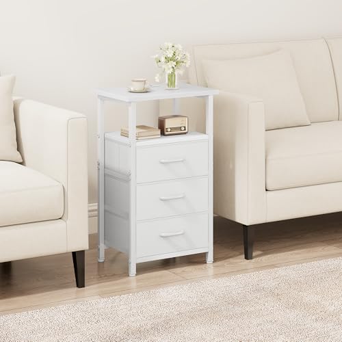 Vagusicc Nightstand with Charging Station, White Bedside Table with USB Ports and Outlet, End Table Side Table with 3 Fabric Drawers and Storage Shelf, Bed Side Table Night Stand for Bedroom, White - color: White, size: 1 Piece, style: Ordinary