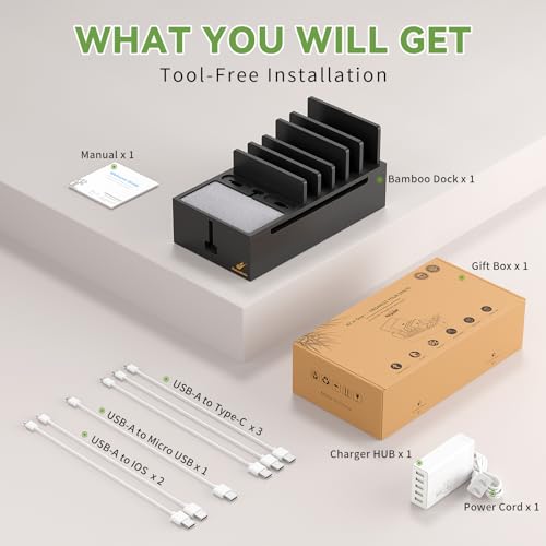 Pezin & Hulin Multi Charger Station Organizer, 5-Port USB Charger Dock with 6 Cables, Cable Management Box, Cord Organizer for Desk, Wire Organizers and Storage for Cords and Power Strip -Black - color: Black
