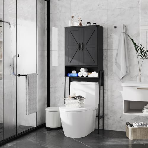Over The Toilet Storage Cabinet with 2-Door Design Bathroom Organizers and Storage with Anti-Tip Device Over Toilet Organizer with Shelves for Bathroom,Restroom,Laundry Black - color: Black