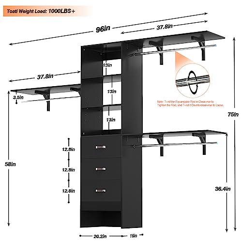 iSunirm 8FT Closet System, 96'' Closet Organizer System with 3 Hanging Rods, Wall Mount Bedroom Wardrobe with 3 Drawers Walk-in Closet, Adjustable Cloth Garment Rack from 5 to 8FT (Cut to Fit), Black - color: Black