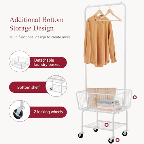 Tajsoon Laundry Cart with Hanging Rack, Metal Laundry Basket with Wheels, Laundry Hamper with Storage Basket and Shelf, Rolling Laundry Cart with Wheels, White - color: White