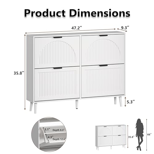 BORNOON Shoe Cabinet for Entryway with 4 Flip Drawers, Slim Wooden Shoe Storage Organizer with Modern Fluted Pannel，Freestanding Narrow Hidden Shoe Rack for Hallway, Foyer, Living Room - color: White, size: 4 Flip Drawers