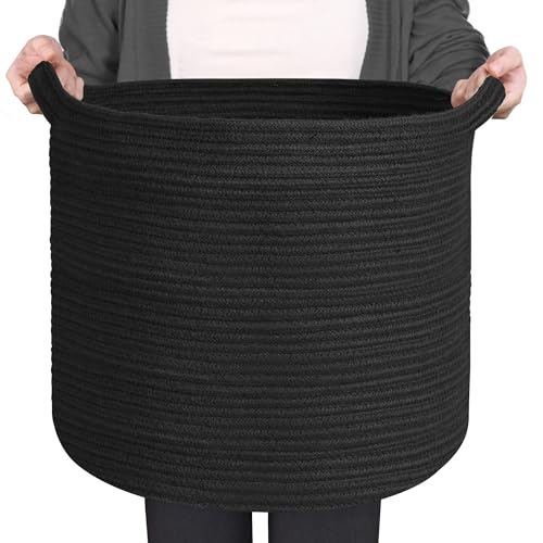MEGASKET Large Black Storage Basket, 16" x 14" Cotton Rope Baskets for Storage, Blanket Storage Living Room, Big Woven Laundry Basket, Dog Kids Toy Box Organizer, Round Floor Shoe Towel Bin - color: Black