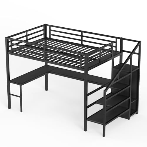 Bellemave Full XL Size Metal Loft Bed with L Shaped Desk and Wardrobe, Heavy Duty Loft Bed Frame with Storage Stairs, LED Loft Bed Frame with Charging Station & Safety Guardrails, Black - color: Black, size: Full XL