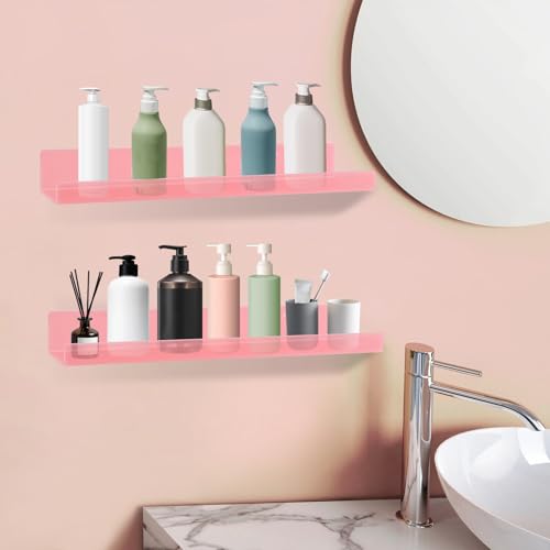 Dezzer 6 Pack Acrylic Shelves for Wall, 15" Acrylic Floating Shelves for Bathroom Bedroom, Invisible Bookshelf Wall Ledge Storage Shelf Books Perfume Toys Action Figure Display Shelves, Pink - style: 15 inch 6-pack Pink