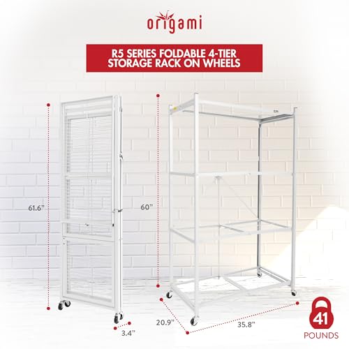 Origami 2-Pack R5 Storage Rack, 4-Tier Heavy-Duty Foldable Steel Shelf with Wheels, White - color: White, size: 2-Pack