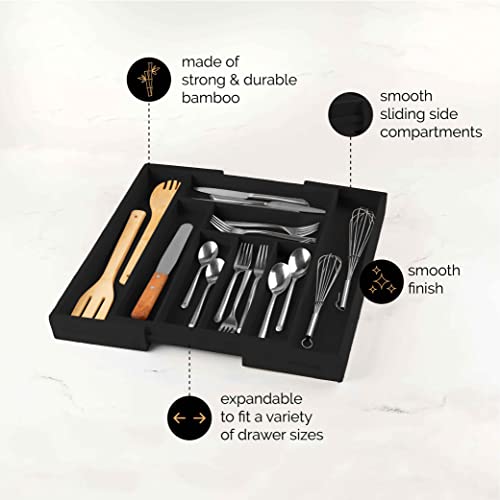 Masirs Expandable Bamboo Kitchen Drawer Organizer - Adjusts to Fit Drawer Size, Ideal for Silverware, Utensils, and Office Supplies, Durable Bamboo Construction - color: Black