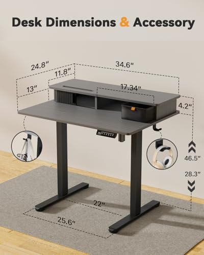 JOY worker Small Electric Standing Desk, 35" x 25" Height Adjustable Table with Built-in Monitor Stand & Storage Drawer, Grey Sit Stand Desk with 2 Hooks for Home Office - color: Grey, size: 35inch