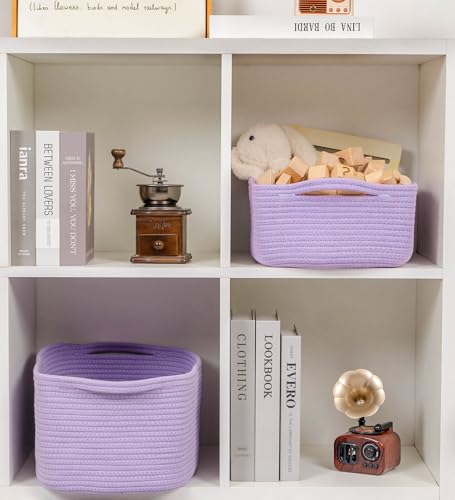 CubesLand Cute and Durable Small Cotton Rope Basket for Organizing, Woven Closet Storage Bin,Shelves Closet Storage Basket, Bathroom Storage Organizer Bin, Nursery Toy Basket Bin, Purple Basket - color: Purple, size: 14''x10''x5''