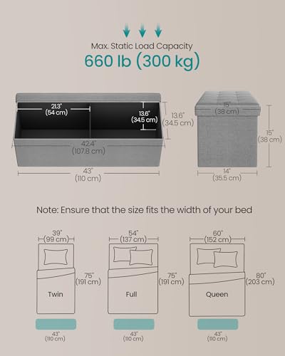 SONGMICS MAZIE Collection - 43 Inches Folding Storage Ottoman Bench, Ottoman Foot Rest, End of Bed Bench, Storage Chest, Load 660 lb, for Living Room, Bedroom, Entryway, Light Gray ULSF77G - color: Light Gray, size: 15"D x 43"W x 15"H