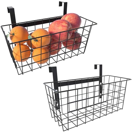 MaraFansie Basket with Hook, Grid Storage Basket, Over the Cabinet Door Organizer, Wire Hanging Basket with Hook Over the Railing, Under Sink Kitchen Cabinet, Pantry, Bathroom, Black, 2 Pack - color: Black, size: 2 PACK