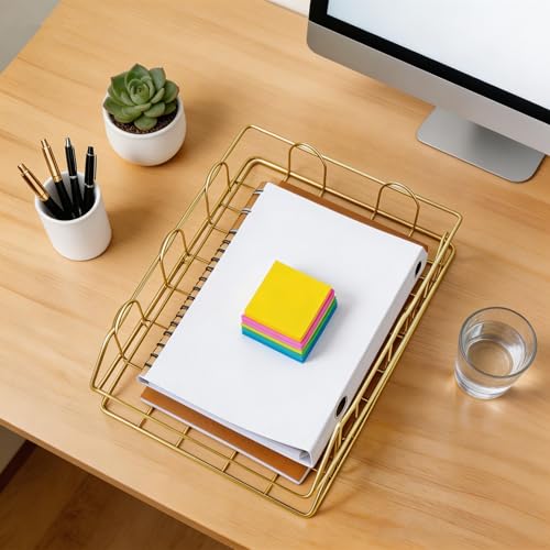 JIARI 2 Pack Desk Organizer Stackable Letter Tray Paper Organizer, Metal Desk Organizer Tray for Letter/A4 Paper Storage, for Office Supplies (Gold 2 Pack) - color: Gold 2 Pack