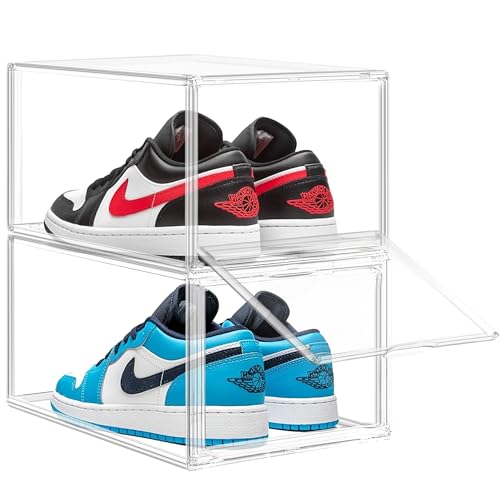 2 Pack Drop Front Shoe Boxes Acrylic Box Sneaker Case Size 12, Transparent Display Cases for Sneaker Collections, Baseball Caps, Hat Organizer Dust-free Shoe Cubbies Stackable Sneaker Boxes - size: Size 12 - 2 Pack
