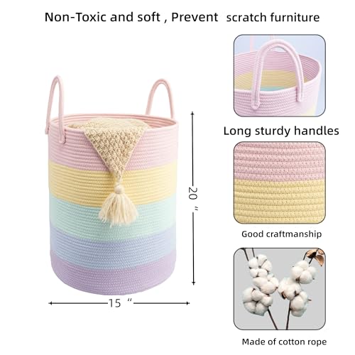 Woven Cotton Rope Laundry basket-15”X20” Laundry Hamper-Rope Storage Basket for Dirty Clothes, Toys and Blankets Perfect for Bathroom, Baby nursery and Living Room Storage (light rainbow) - color: light rainbow, size: regular