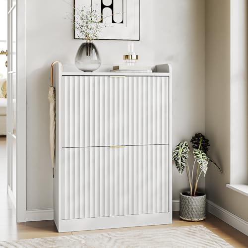 White Fluted Shoe Cabinet with 2 Flip Drawers, Narrow Shoe Storage Cabinet for Entryway, Freestanding Shoes Rack Organizer Cabinets with Adjustable Shelves for Entryway, Hallway - color: White, size: 2-Drawers