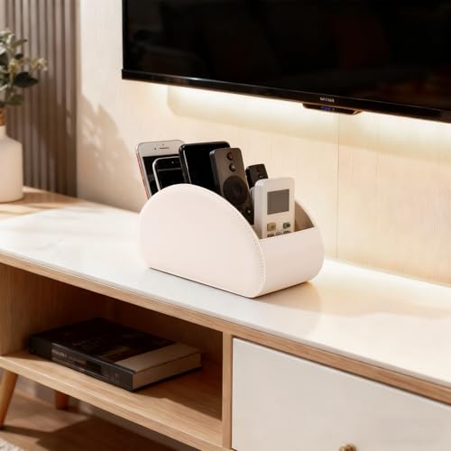 BONNY DODO Remote Control Holders Organizer Box with 5 Compartment PU Leather Multi-functional Office Desk Storage Caddy Store Tv Remote for Media Player,Brush,Pencil,Glassees&Office Supplies (Beige) - color: Begin, size: M