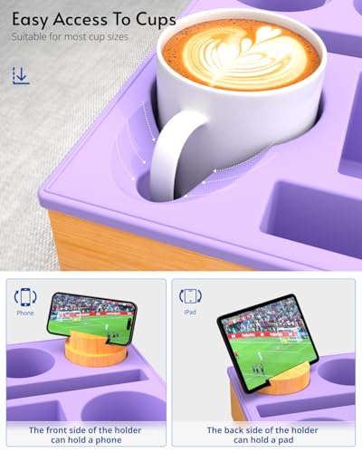 Couch Cup Holder Tray - Couch Organizer Caddy, Silicone Beach Caddy with Cup Holder, Sofa and Bed Drink Holder and Couch Tray Table for Snacks Beverage Remote (Purple) - color: Purple