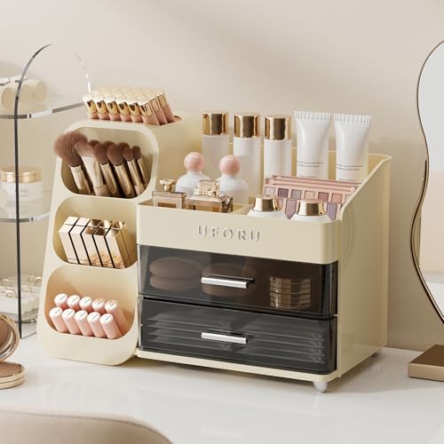 Makeup Organizer for Vanity with Brush Holder, Large Plastic Bathroom Countertop Skincare Organizer with 2 Drawers, Spacious Cosmetic Display Case for Perfumes, Eyeshadow Palettes, Nail Polishes - color: Cream White, size: Large