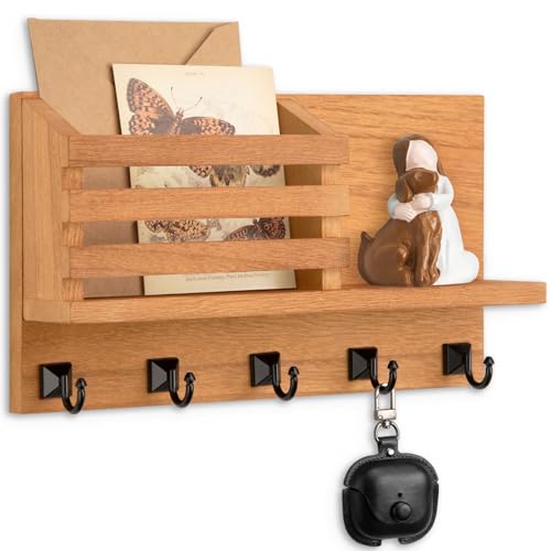 Key Holder Wall Mount, Mail Organizer for Wall with 5 Square Rustic Key Hooks Key Shelf Farmhouse Home Decor for Entryway - color: Wood