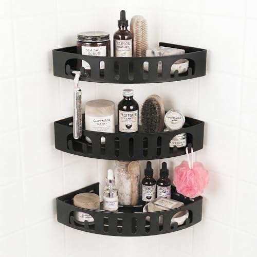 Adhesive Corner Shower Shelf No Drill | Rust-Proof Aluminum Alloy Stick On Bathroom Organizer with Shaving Holder for Shampoo, Conditioner, Soap, Razors Black 3Pack - color: Black 3 Layers, size: 3 Layers
