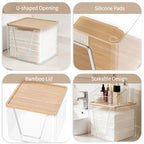 2 in 1 Disposable Facial Towel Holder and Cosmetic Organizer, Clear Storage with Bamboo Lid Compatible with Clean Skin Club Towel XL, Stackable Vanity Organizer for Bathroom Vanity Counter, 2 Tier