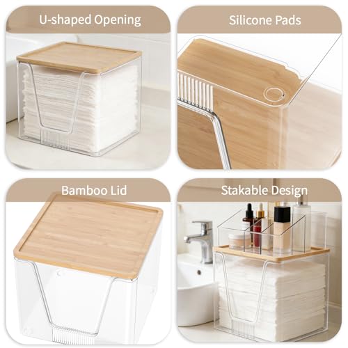 2 in 1 Disposable Facial Towel Holder and Cosmetic Organizer, Clear Storage with Bamboo Lid Compatible with Clean Skin Club Towel XL, Stackable Vanity Organizer for Bathroom Vanity Counter, 2 Tier
