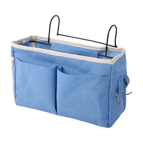 Bedside Caddy, Large Capacity Hanging Bedside Organizer with Side Hooks and 2 Pockets,Durable Versatile Bedside Caddy for Dorm Bed Phone Hospital College Magazine Remote Control Laptop Books (Blue)