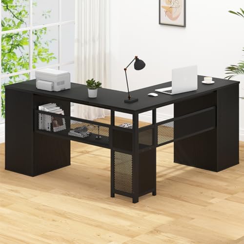 HSH Black L Shaped Desk with File Drawers Shelves, Reversible Corner Metal Wood Computer Desk with Storage Cabinet, Modern Large Executive Work Writing Study Table for Home Office Bedroom, 59 Inch - color: Black Oak