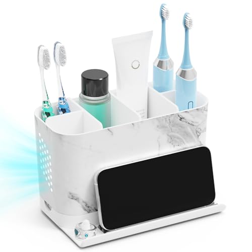 Toothbrush Holders, Toothbrush Caddy with Front Ledge and Cord Slots, Detachable Tooth Brush Holder for Bathroom Countertop, Shower, Vanity, Large Capacity 6 Slots Marble Bathroom Accessories - color: White and Marble