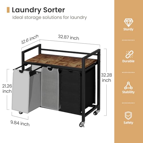 SwaaVee Laundry Hamper, Laundry Basket, Laundry Sorter with 3 Removable Bags, Clothes Basket with 3 Compartments, Wheels, Shelf for Laundry Room Bathroom Bedroom (3 Bags-Black Grey White) - color: 3 Bags-Black Grey White