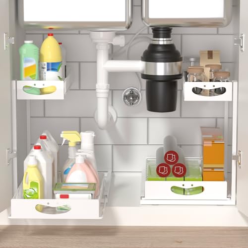 Under Sink Organizer with Pull-Out Drawers,Kitchen Sink Organizer,2 Tier Bathroom Organizers And Storage,Bathroom Accessories Set,White 2 Pack - color: White, size: C 2 Pack