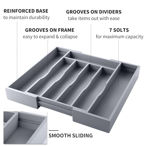 Expandable Bamboo Kitchen Drawer Organizer for Cutlery and Utensils, Adjustable Bamboo Wood Cutlery Tray in Drawer for Flatware and Silverware in Kitchen, (Grey) - color: Grey, size: 7 Slots Expandable