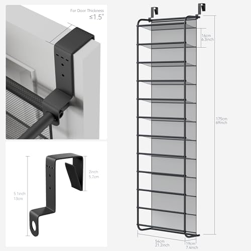 Whitmor 36 Pair Over The Door Shoe Organizer, 12 Tier Hanging Shoe Organizer, Heavy Duty Metal & Mesh Shoe Holder, Hanging Shoe Rack for Closet Organizer, 69"L x 21.7"W x 7.5"H, Matt Gunmetal - color: Matt Finish Gunmetal, size: Shoe Rack