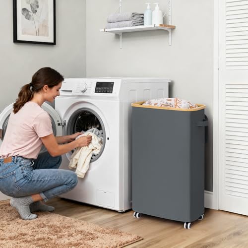 Goodpick Slim Laundry Basket with Wheels and Lid, 75L Rolling Dirty Clothes Hamper for Dorm Bathroom, Large Laundry Hamper with Bamboo Frame Removable Bag, 17" x 9.8" x 29.5", Gray - color: Gray, size: 75L (17"L x 9.8"W x 29.5"H)