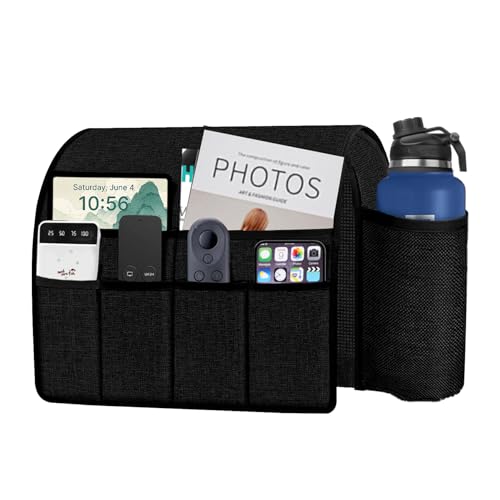 Ntomtuex Sofa Armchair Caddy Remote Control Holder with Water Bottle for Couch Recliner, Armrest Organizer with 7-Pocket Design for Magazines, Eyeglasses, iPad, Phone, Black - color: Black