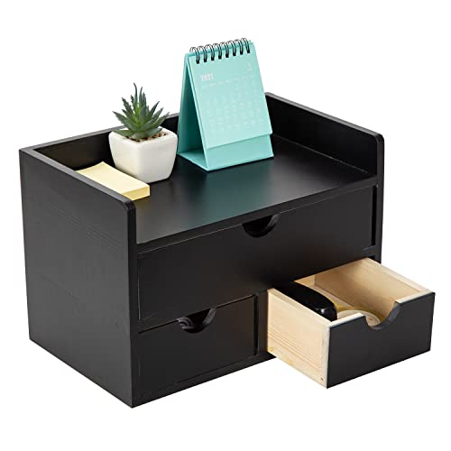 Black Bamboo Desk Organizer Wooden Storage Cabinet 3 Drawers with Shelf Tabletop Organization Box Home Office Workspace Bathroom Toiletries Supplies Caddy Vanity Makeup Stationery Holder