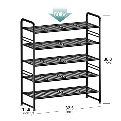 SUFAUY 33" Wide Shoe Rack, 5-Tier Shoe Storage Rack for 24-30 Pairs of Shoes, Shoe Organizer for Entryway, Stackable, Heavy Duty, Steel Frame, Industrial, Black - color: Black, size: 5 Tier
