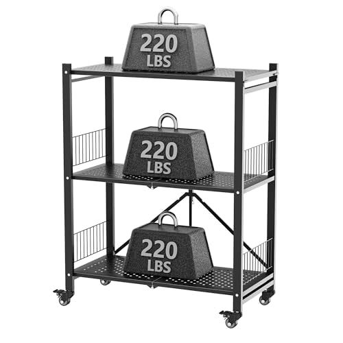 Folding Storage Shelves, 3-Tier Metal Foldable Shelf Shelving Rack Organizer On Rolling Wheels in Kitchen Warehouse Patio Pantry Basement Portable Collapsible Shelves No Assembly (Black, 3-Layer) - color: Black/3-tier