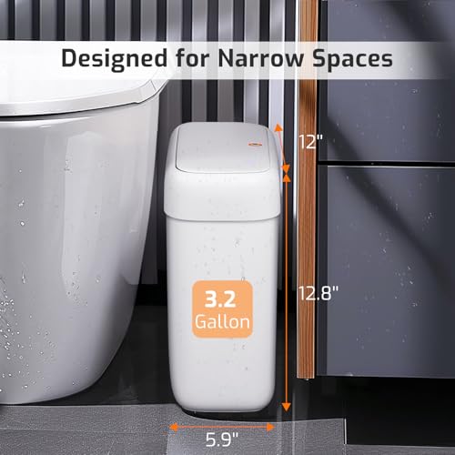 MOPALL Small Bathroom Trash Can with Lid, 3.2 Gallon / 11.5 L Slim Plastic Garbage Bin with Pop-Up Lid, Mini Waste Basket Can Dog Proof for Kitchen, Bedroom, Office, Laundry, Toilet, Rv, White - size: 3.2 Gallon