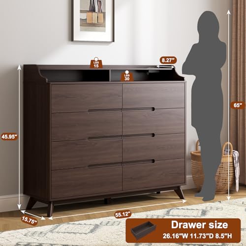 Dresser for Bedroom with 8 Drawers, 55" Large Dresser & Chest of Drawers with Charging Station, Wood Closet Clothes Storage Tall Dressers Organizer for Bedroom Living Room Hallway, Brown - color: Brown, size: 16"D x 55"W x 46"H (8 Drawers)