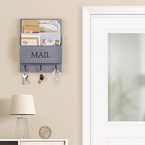 DLQuarts Mail Organizer with Key Holder for Wall Decorative Mail Sorter Wall Mounted, Wooden Mail Holder with 3 Hooks, Gray - color: Gray