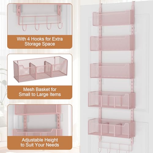 VyGrow Over The Door Organizer, Metal Door Organizer Hanging with 5 Adjustable Baskets and Coat Hook, Behind The Door Storage for Bedroom Closet Bathroom Pantry Cabinet Kitchen, Pink - color: Pink, size: 5-Tier