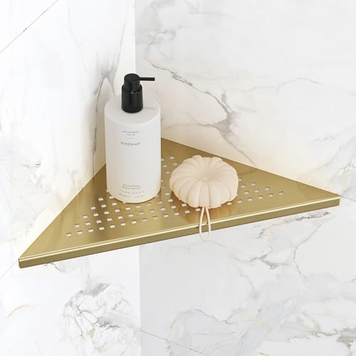 Qeke Bathroom Corner Shelf, Recessed 10" Shower Shelf Caddy, SUS304 Stainless Steel Shelf Wall Mount Triangular, No Drilling, Brushed Golden - color: Brushed Golden, size: 10"- 1 Pack