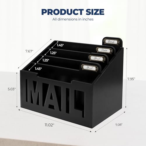 Mail Organizer Countertop – Black Holder for Desk with 4 Slots & Label Tags, Decorative Desktop Sorter, Bill Storage and Envelope Tray for Organized Home Office Accessories (11x7x8 in) - color: Black, size: Medium
