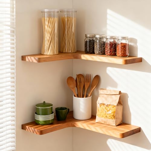 Floating Corner Shelves, Wall Shelf Set of 2, Shelves for Wall Storage, Solid Wood Shelves for Storage, Wall Mount Wooden Display Shelf for Bathroom Bedroom Kitchen Garage (Acacia 2pcs) - color: Acacia 2 Pcs