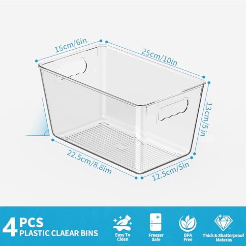 Clear Pantry Organizer Bins, Plastic Organizers & Storage Containers, Cabinet Organizer, Home Organization Must Haves for Kitchen, Laundry Room, Office, Closet & Freezer (4 Pack) - color: 4 Pack, size: M (10"L x 6"W x 5"H)