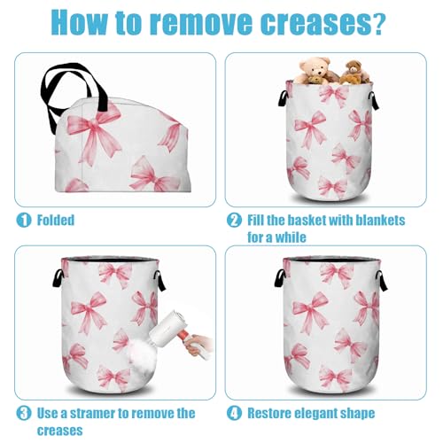 Pink Bow Laundry Basket, Laundry Hamper Collapsible Oxford Cloth with Handle Clothes Toy Storage Bin for Bathroom Laundry Room Bedroom 15.7 X 20 Inch - color: Pink Bow