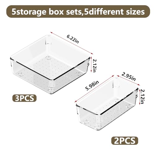 5 PCS Clear Plastic Drawer Organizer Set, 2 Sizes Acrylic Drawer Storage Trays Non Slip Storage Bins for Makeup, Jewelry, Gadgets for Kitchen, Bedroom, Bathroom, Office - style: 5pcs