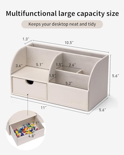 Vlando Office Desk Organizer Leather Desktop Organizer Caddy with Drawer for Storing Desktop Supplies and Accessories (White) - color: A.White